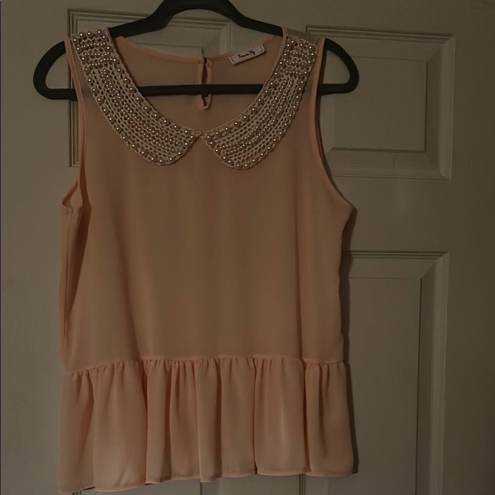 Women's Sleeveless Peach Top with Embellished Collar